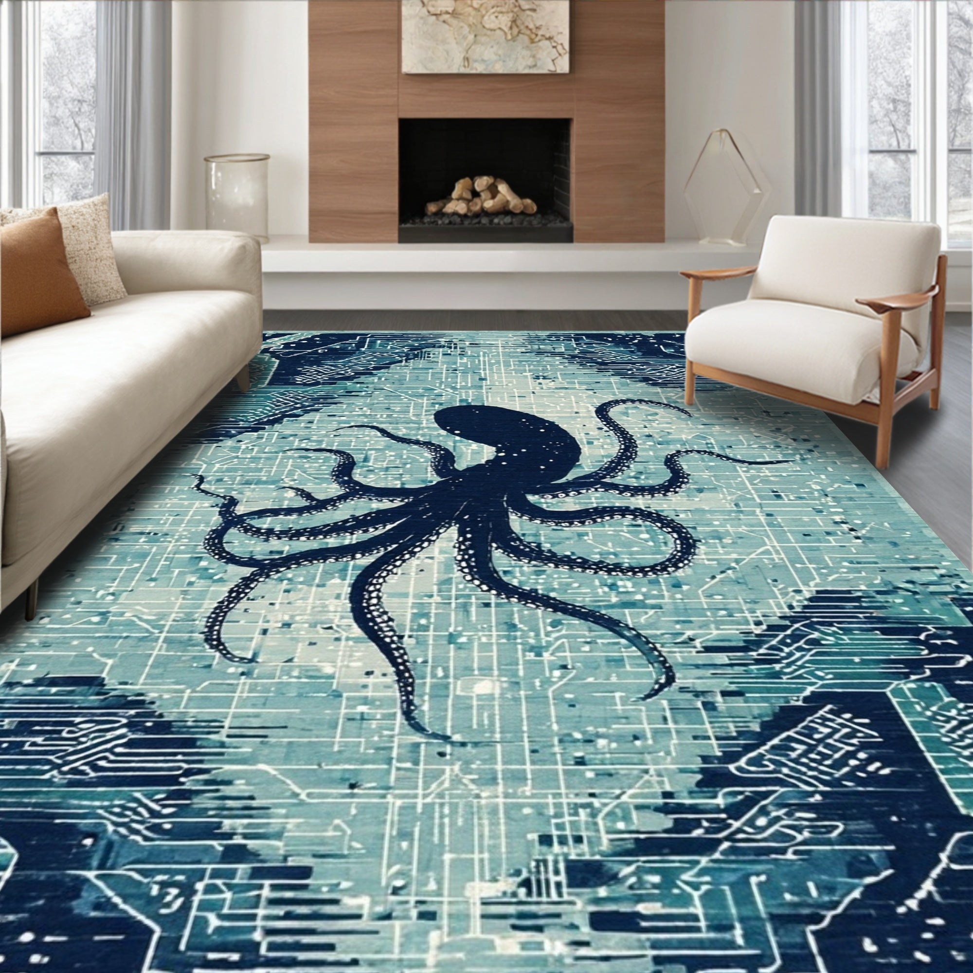 Teal Octopus Circuit Futuristic Rug