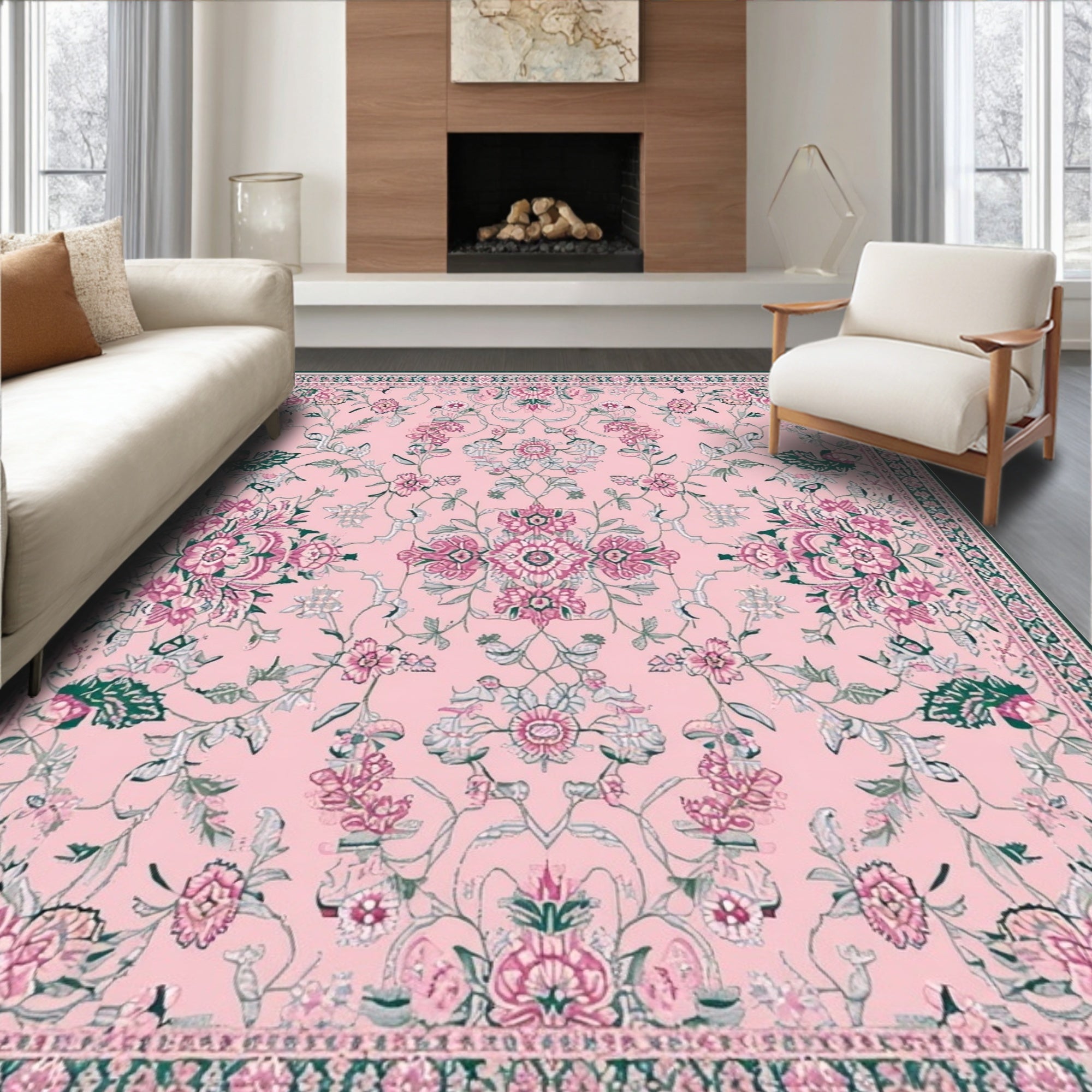 Elegant Pink Floral Rug(Pink)