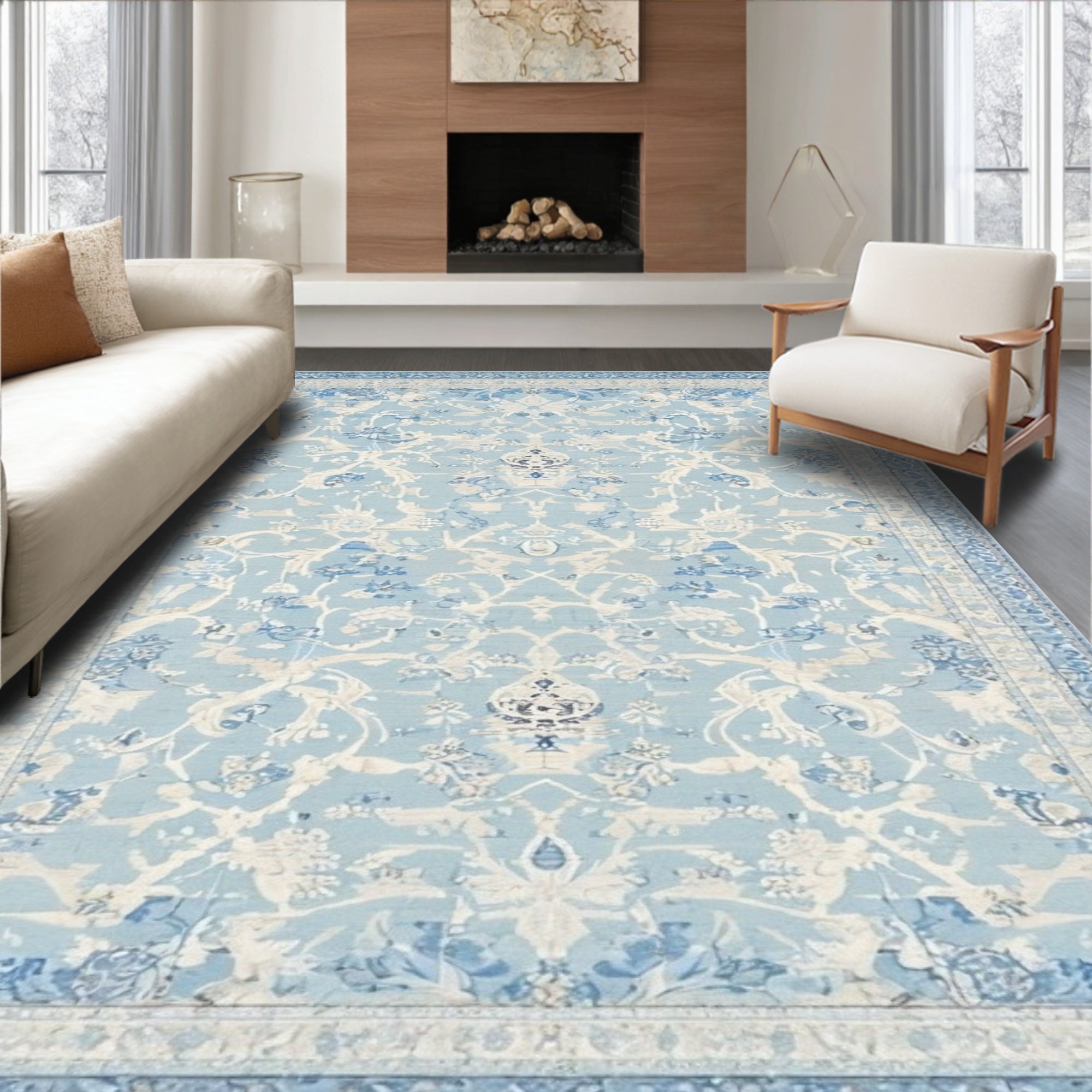 Sky Blue Ornate Floral Serene Rug(Blue)