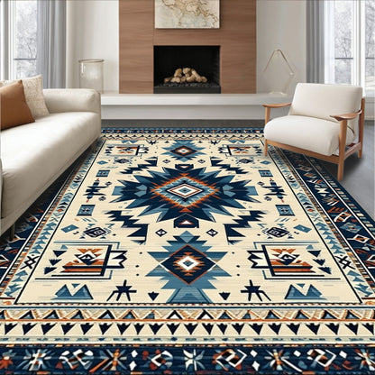 Navy Blue Geometric Tribal Vibrant Rug(Beige)