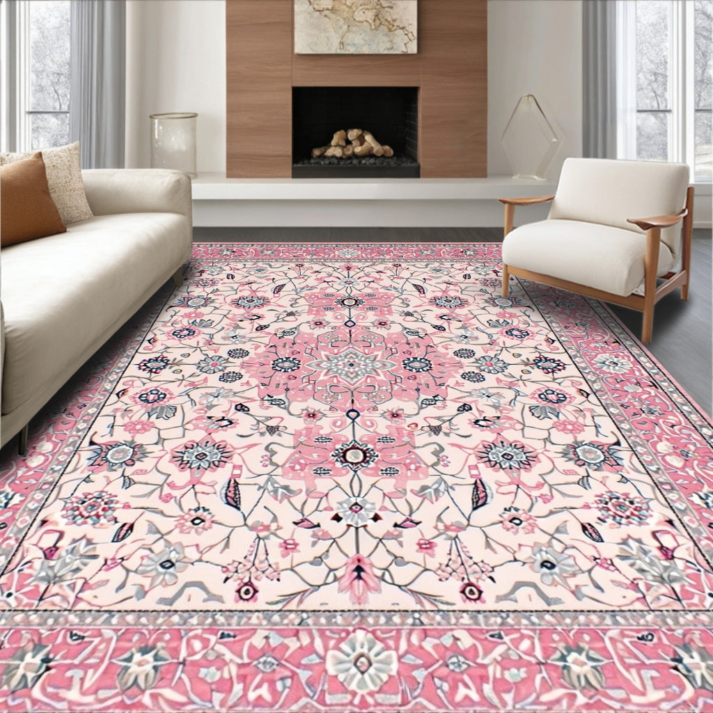 Blush Ornate Floral Romantic Rug(Pink)