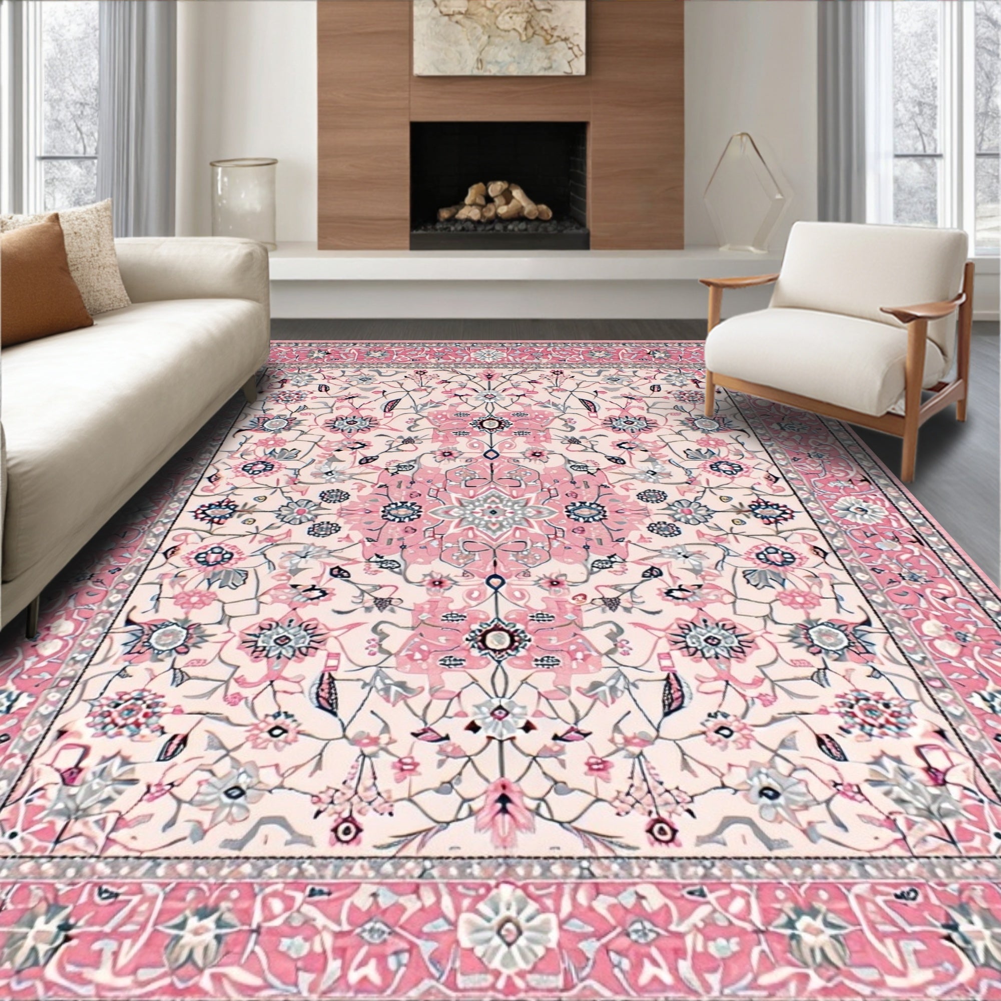 Blush Ornate Floral Romantic Rug(Pink)