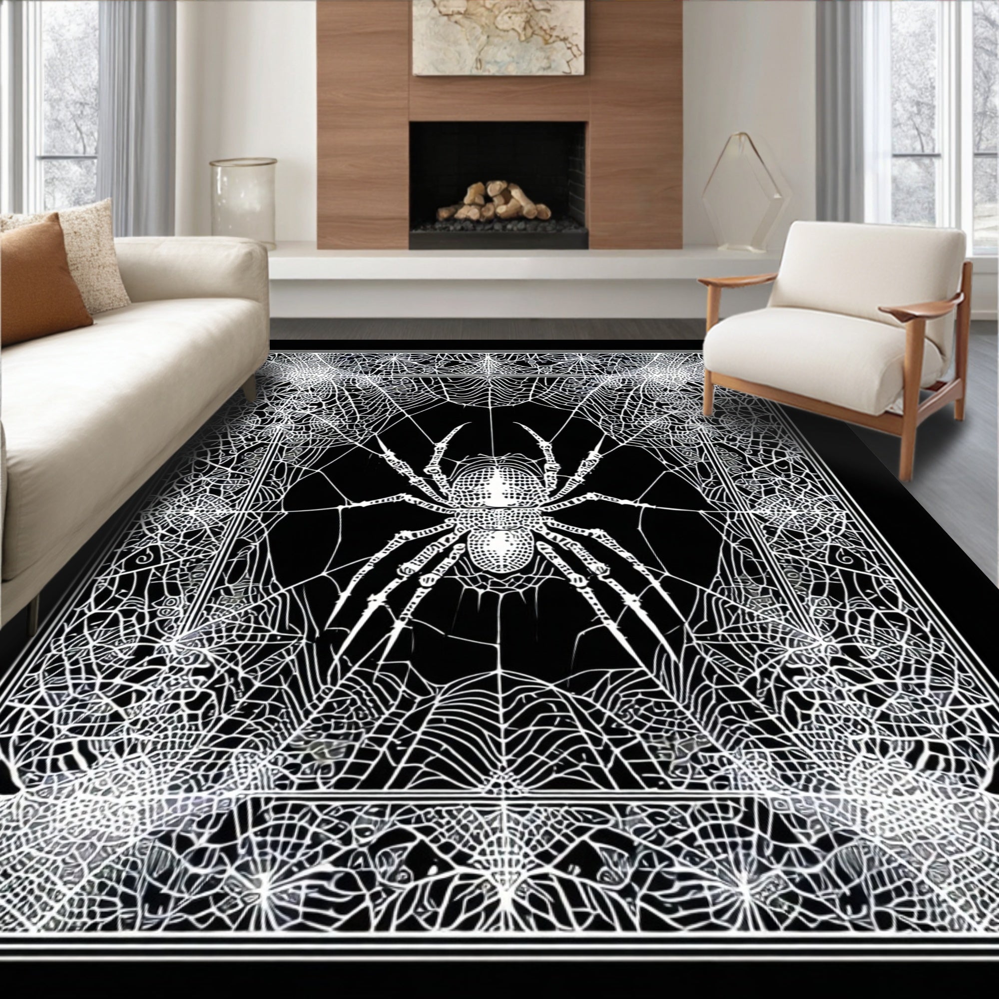 Eerie Black White Spider Web Rug(Black)