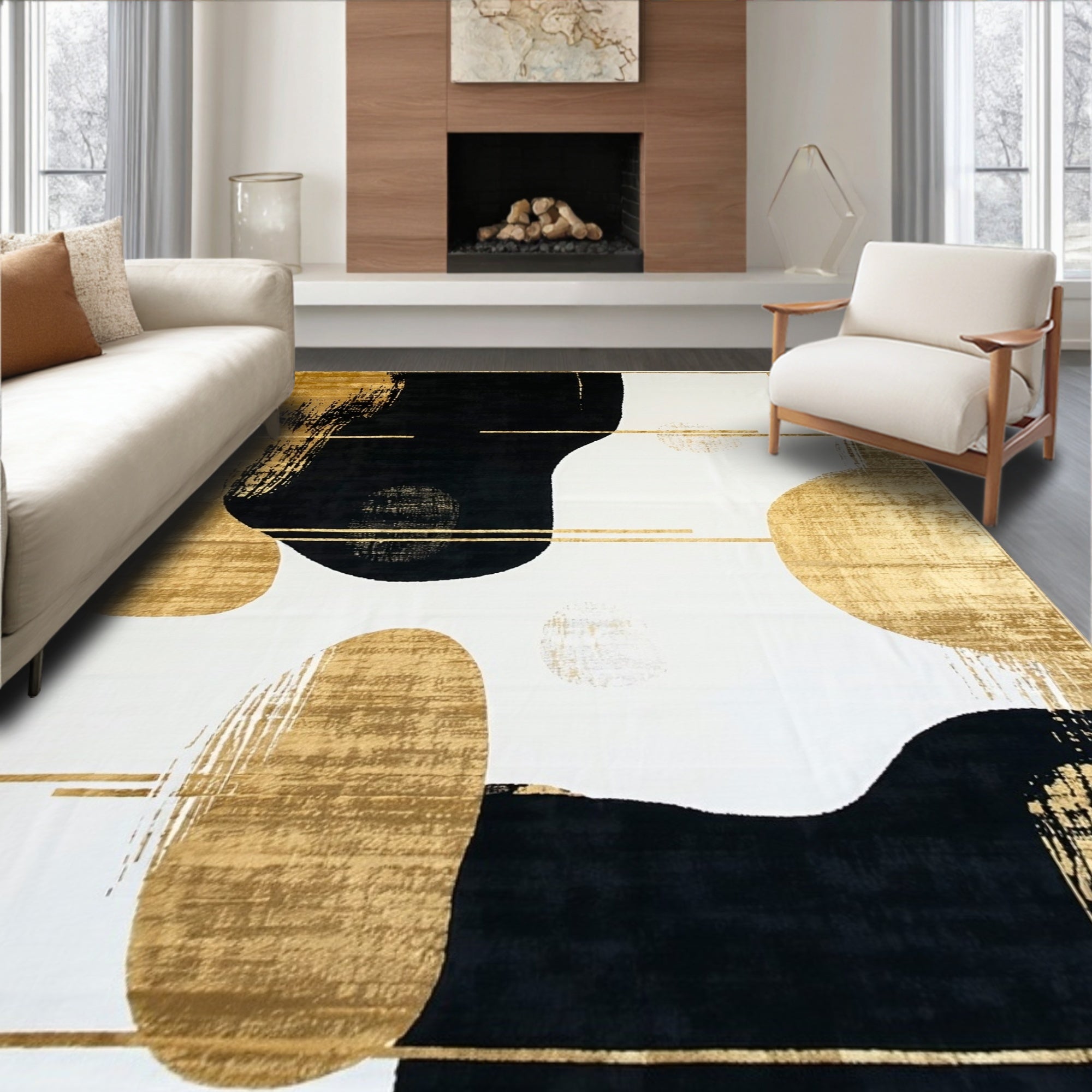 Abstract Splatter Gold And Black Rug