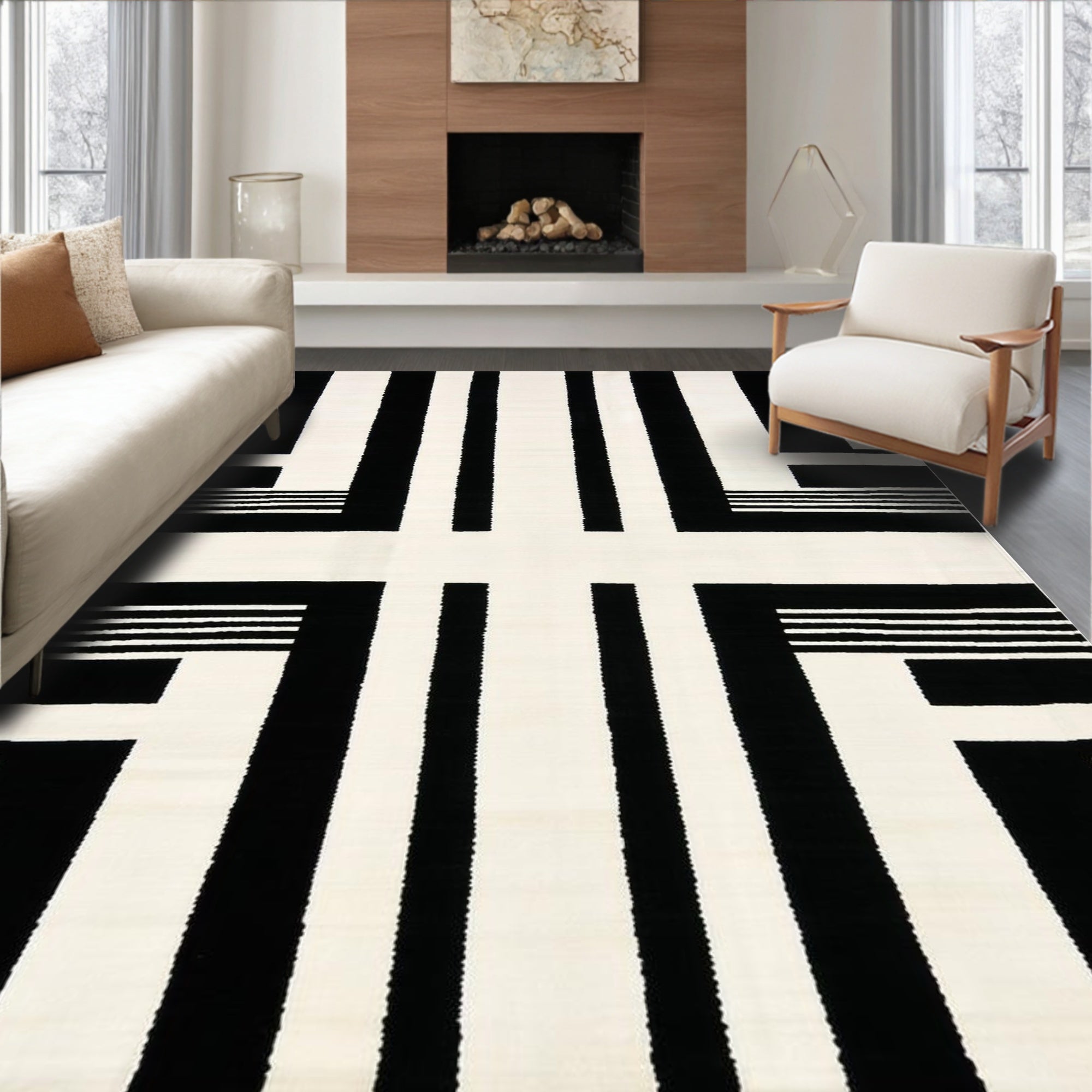 Sleek Black & White Geometric Rug(Black)