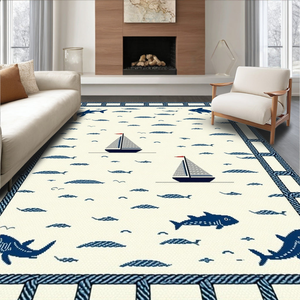 Blue Cream Nautical Playful Rug(Beige)
