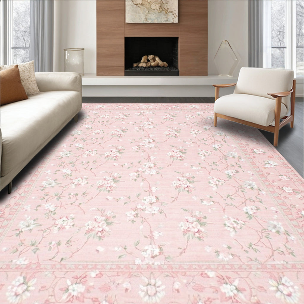 Soft Pink Floral Delicate Rug - Washable Flatwoven Chenille