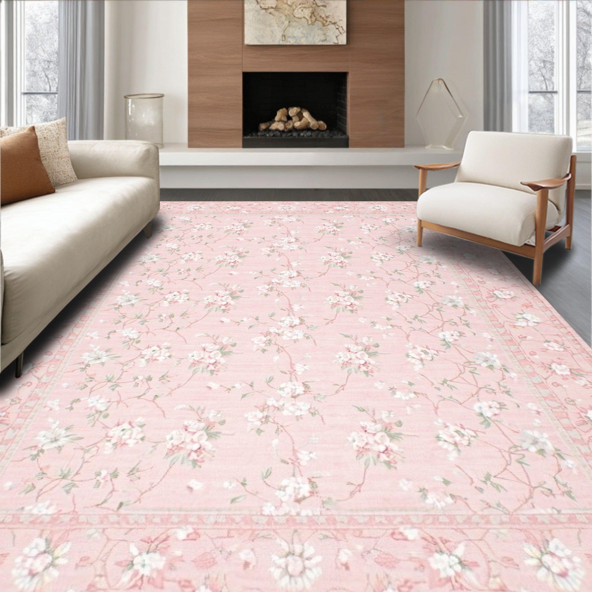 Soft Pink Floral Delicate Rug - Washable Flatwoven Chenille