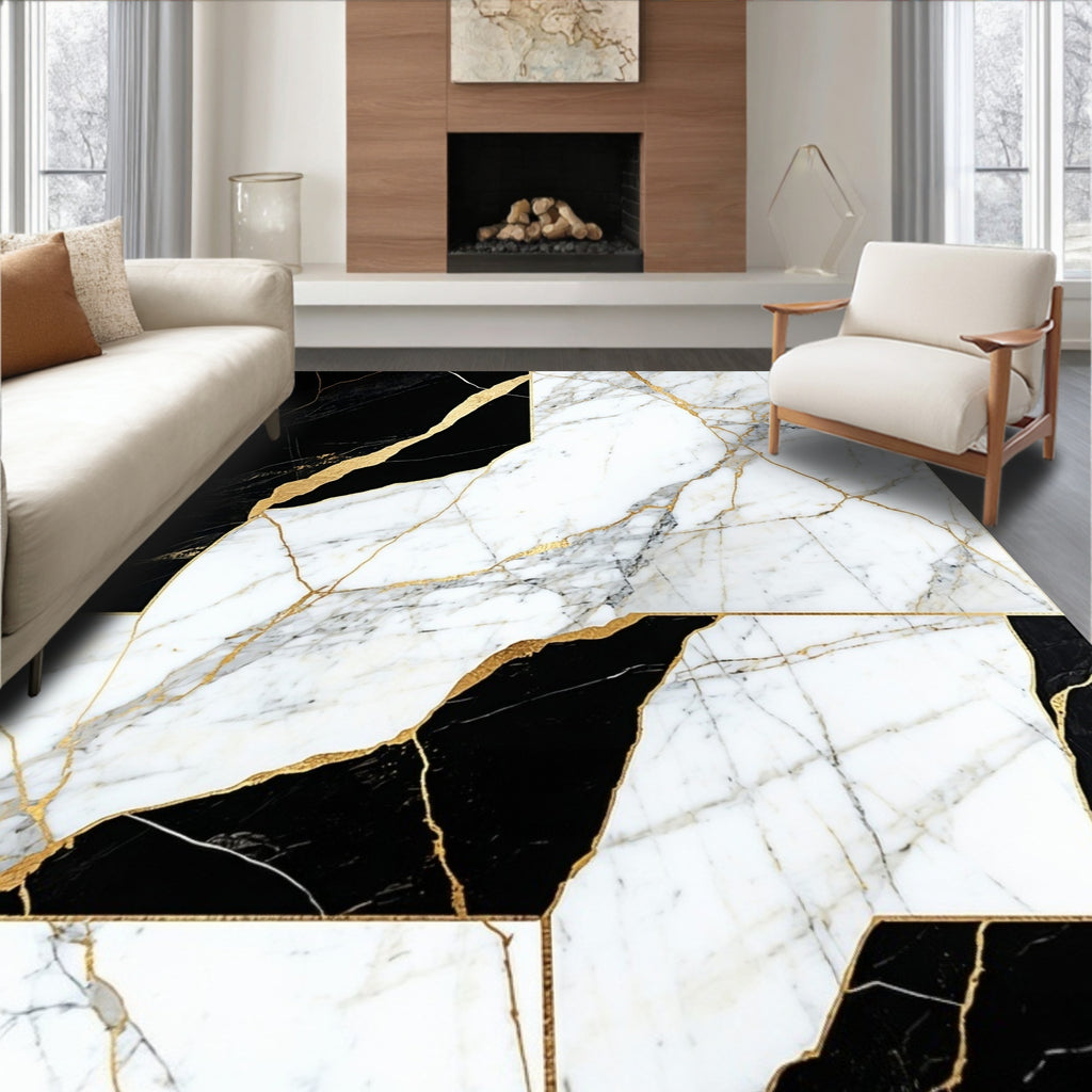Elegant Black White Gold Veined Marble Rug