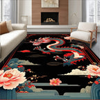 Bold Red-Black Dragon Floral Rug(Black)