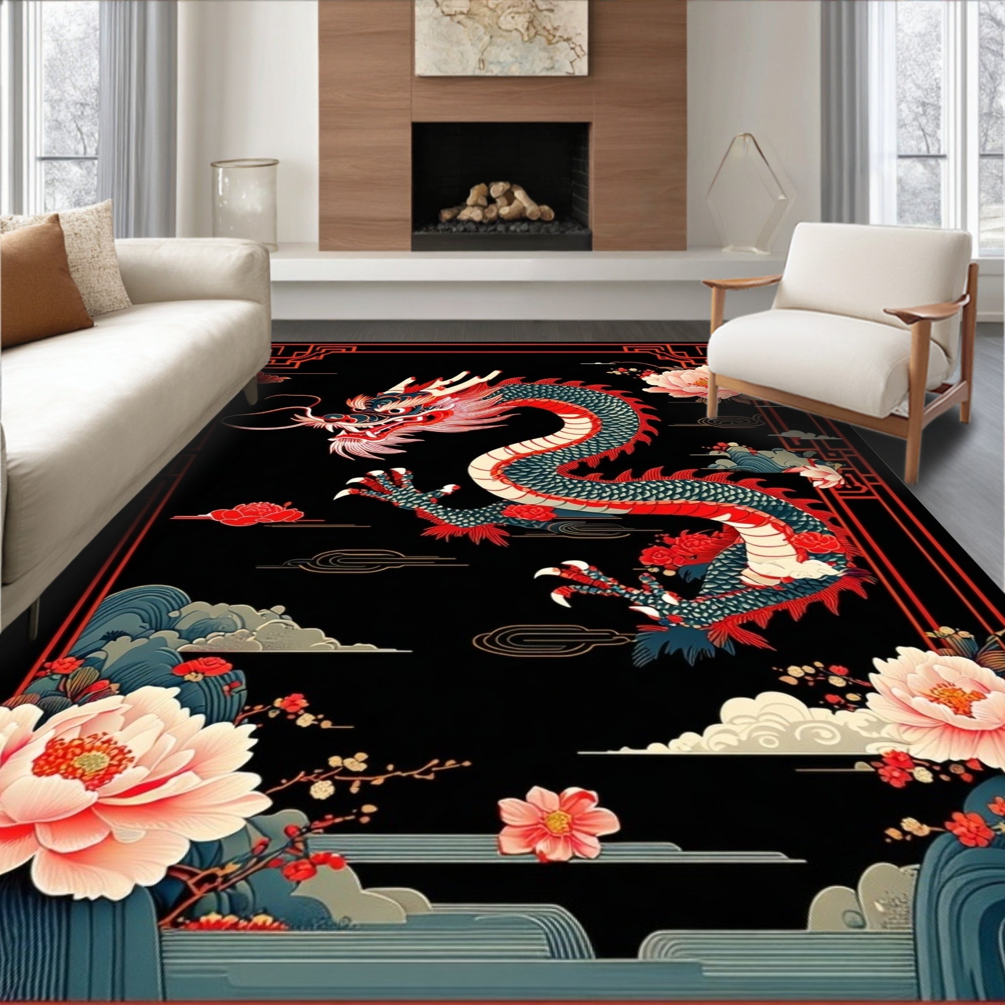 Bold Red-Black Dragon Floral Rug(Black)