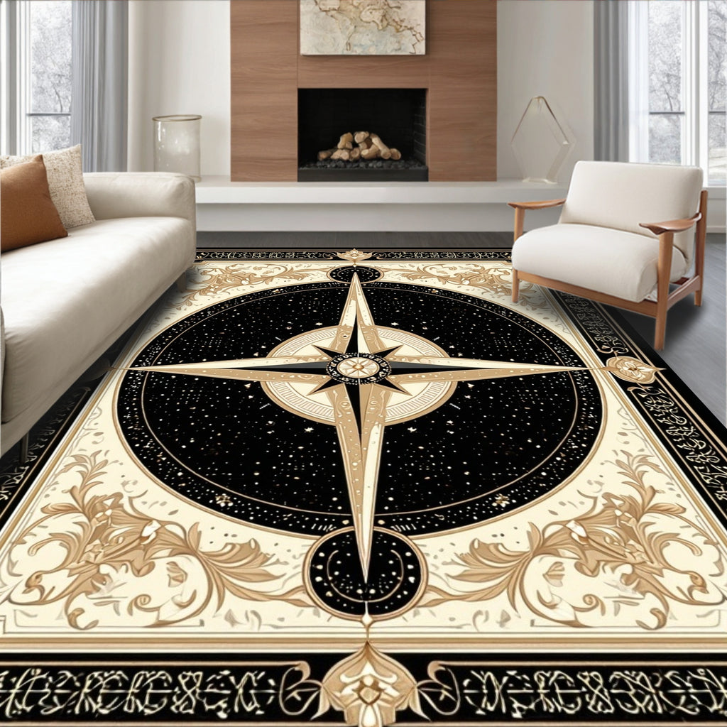 Elegant Black Gold Ornate Compass Rug(Black)