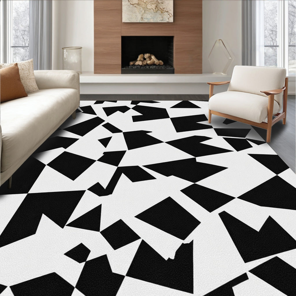Modern Black & White Abstract Geometric Rug(Black)