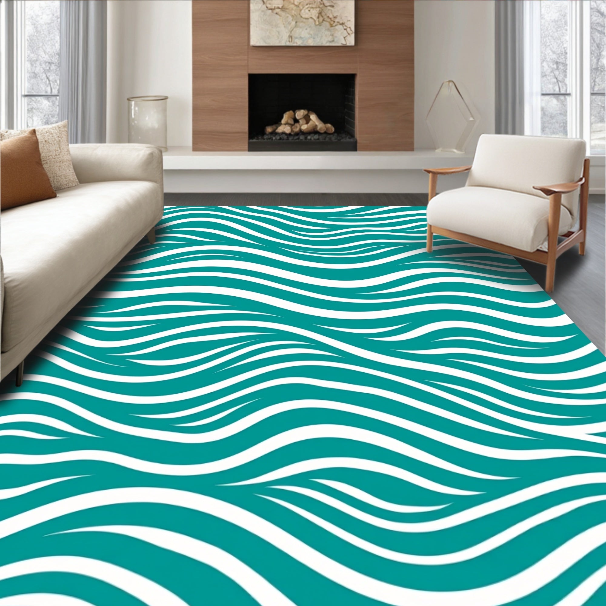 Teal wave-patterned serene rug(Blue)