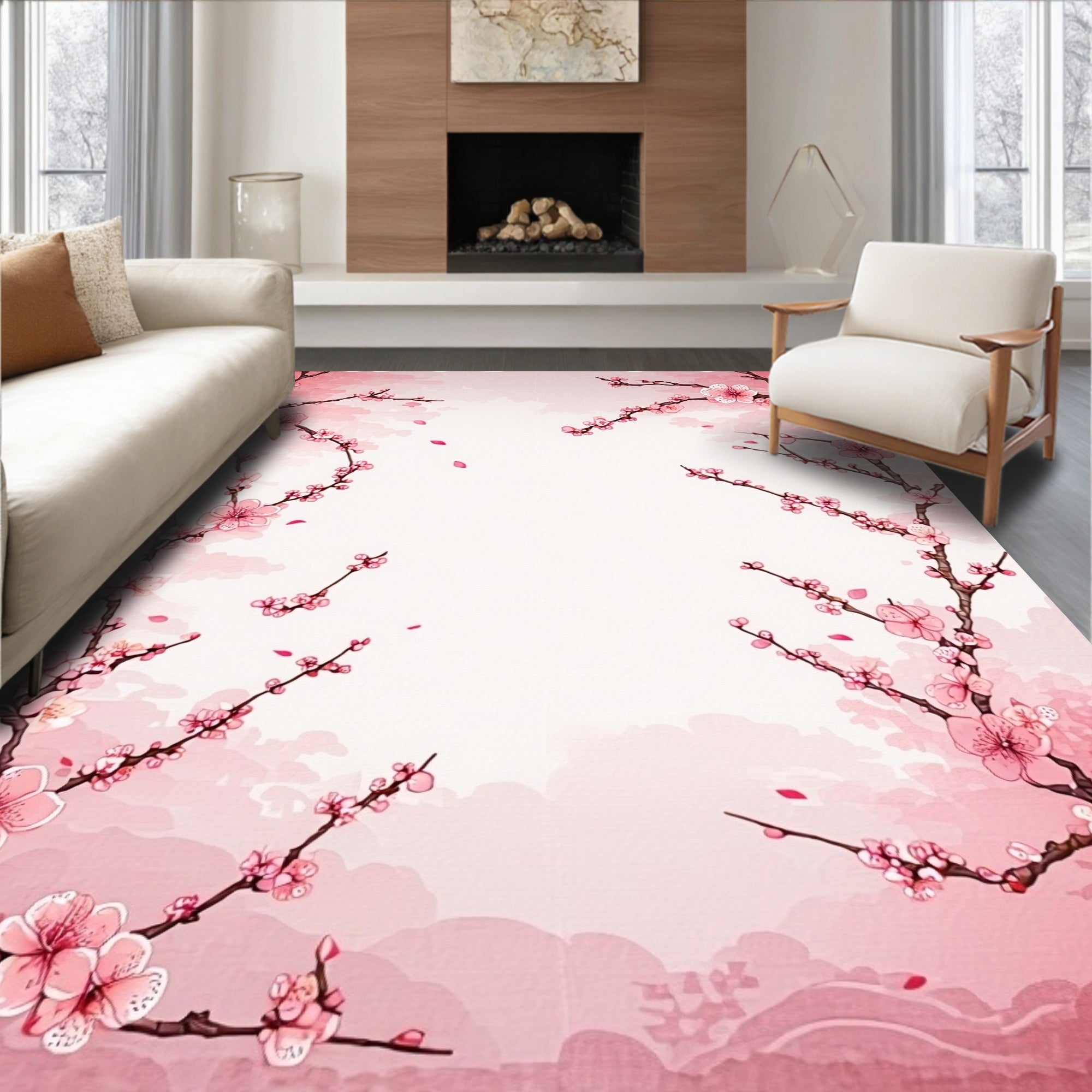 Soft Pink Cherry Blossom Serene Rug(Pink)