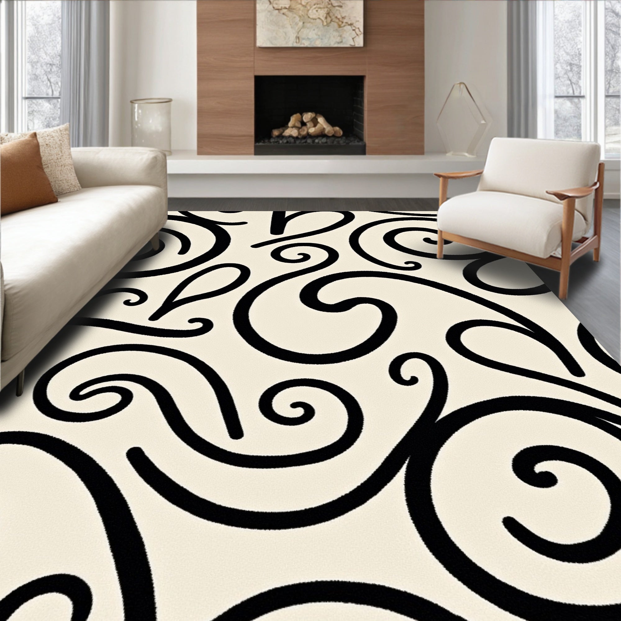 Beige Swirling Curves Elegant Rug