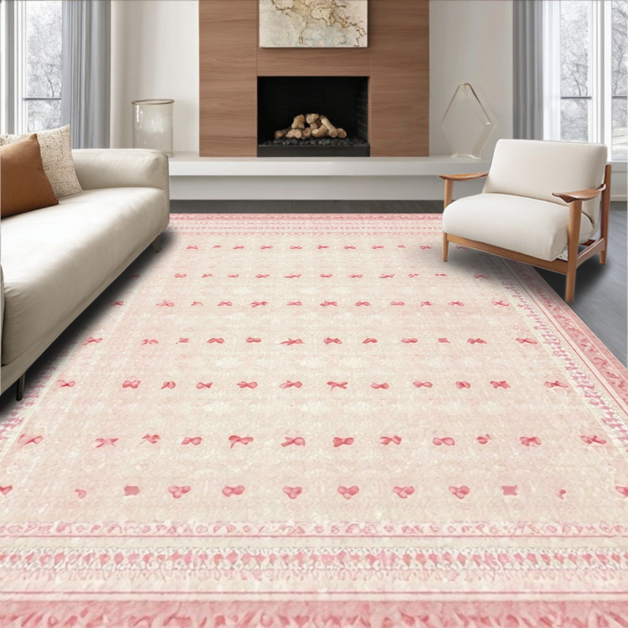 Soft Pink Bow-Print Whimsical Rug(Pink)