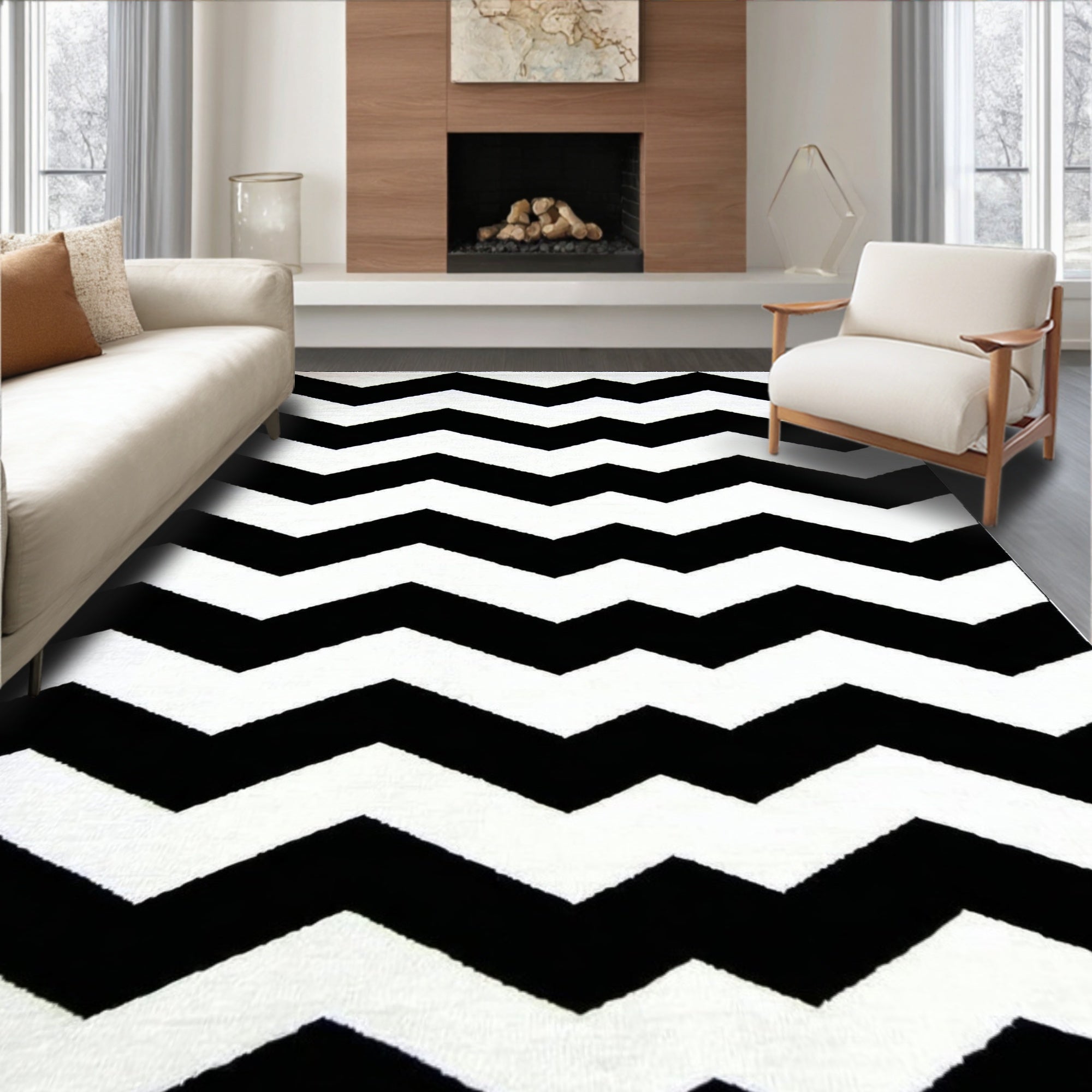 Black White Chevron Modern Rug(Black)