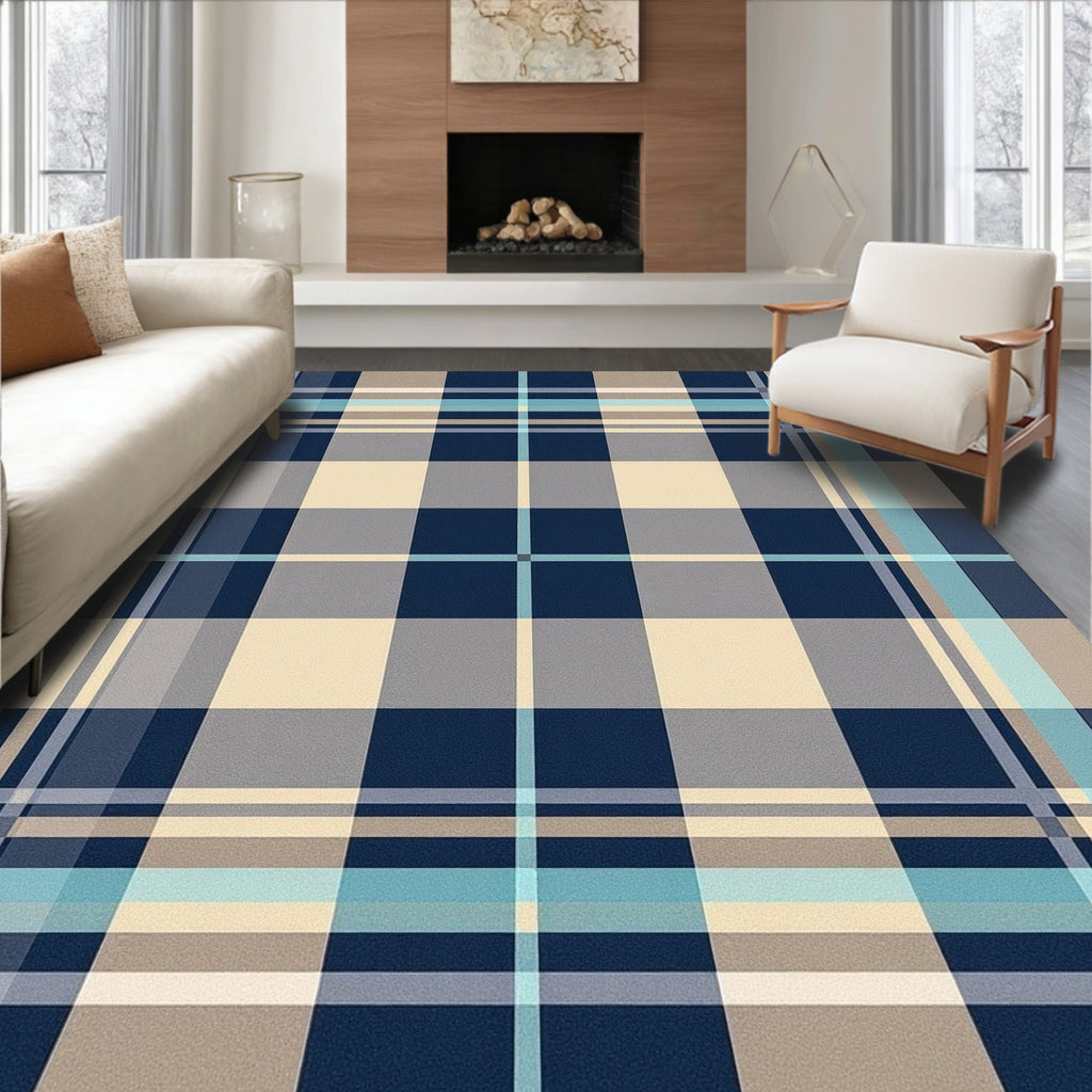 Modern Plaid Navy Beige Rug(Blue)