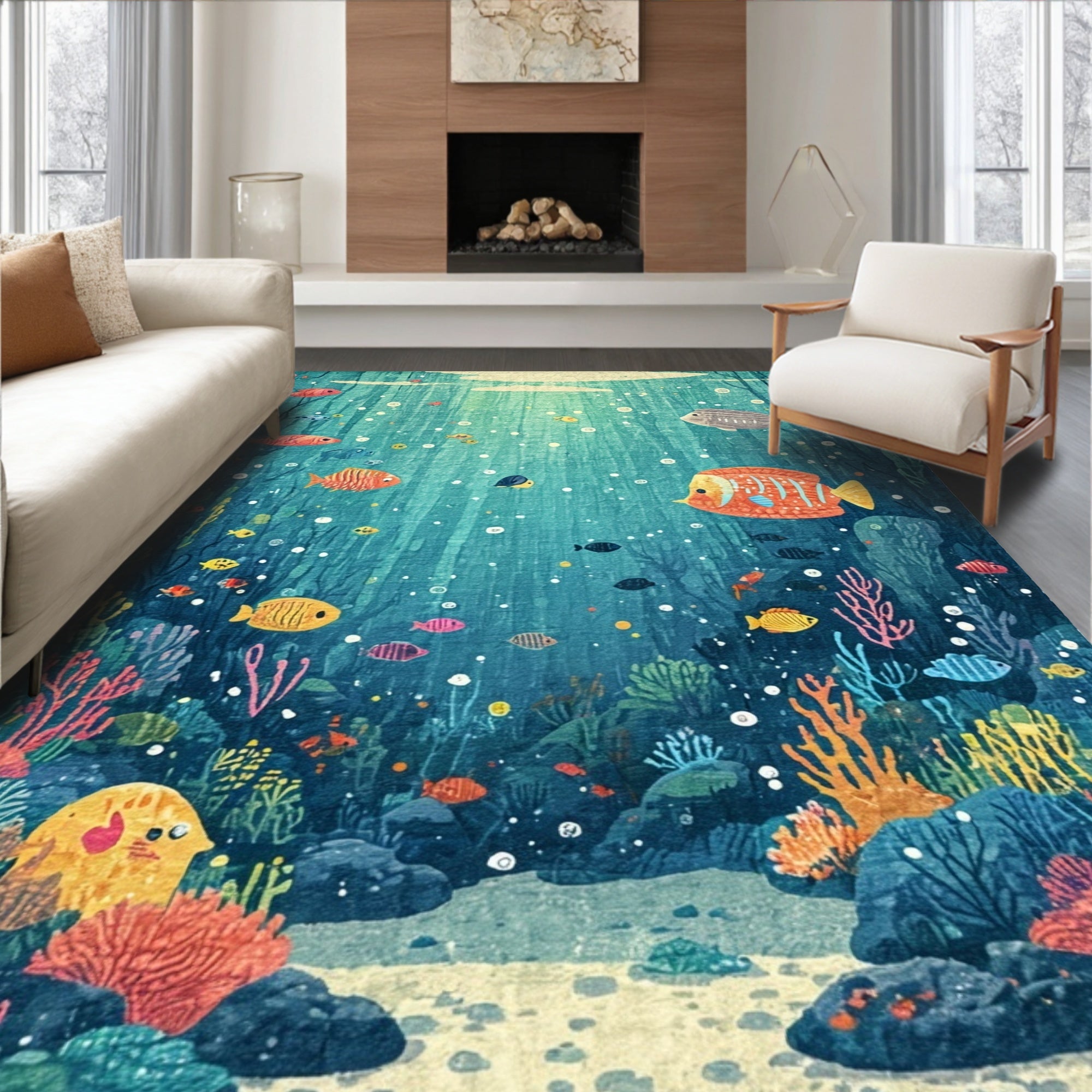 Playful Teal Sea Life Rug(Blue)