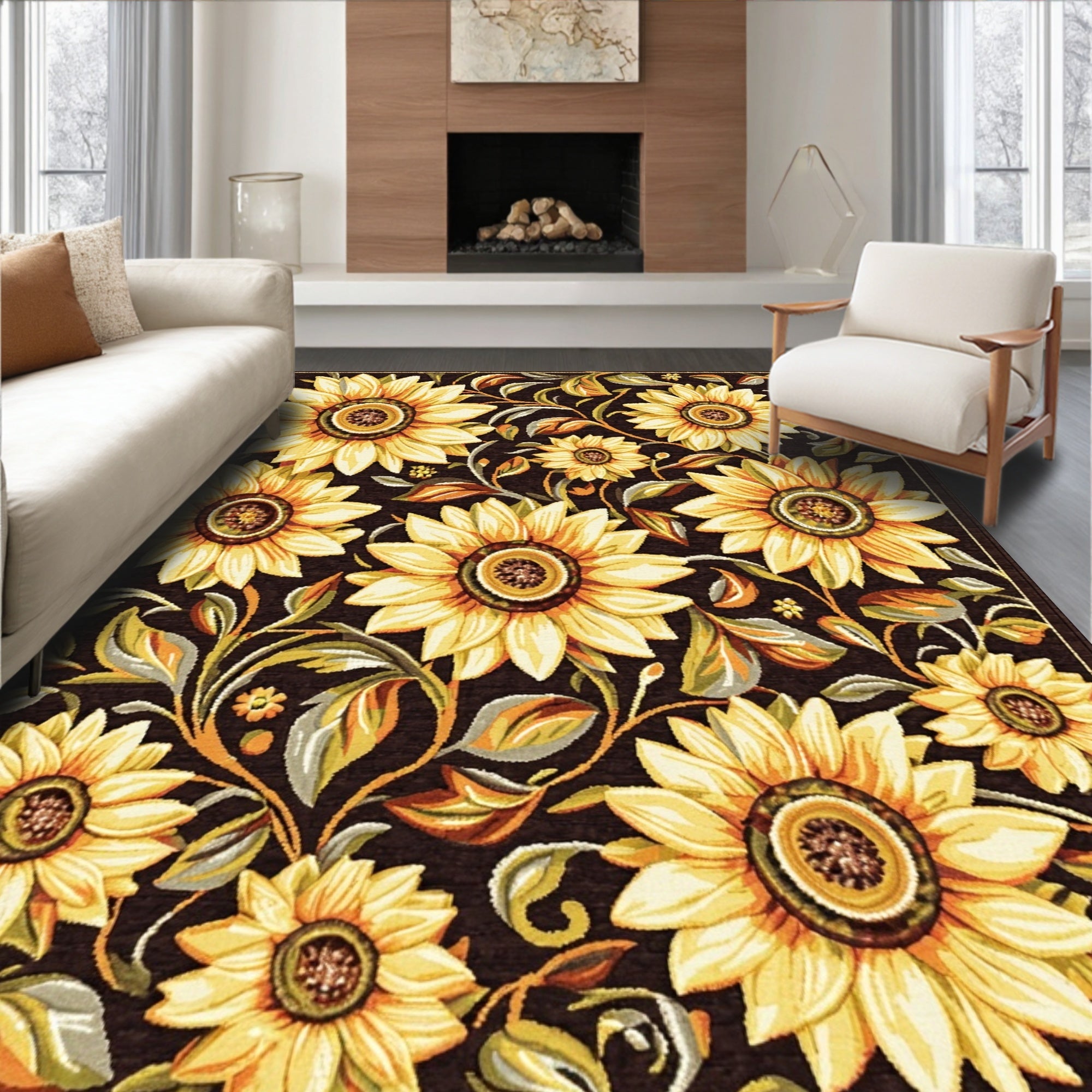 Cheerful Sunflower Dark Pattern Rug(Yellow)