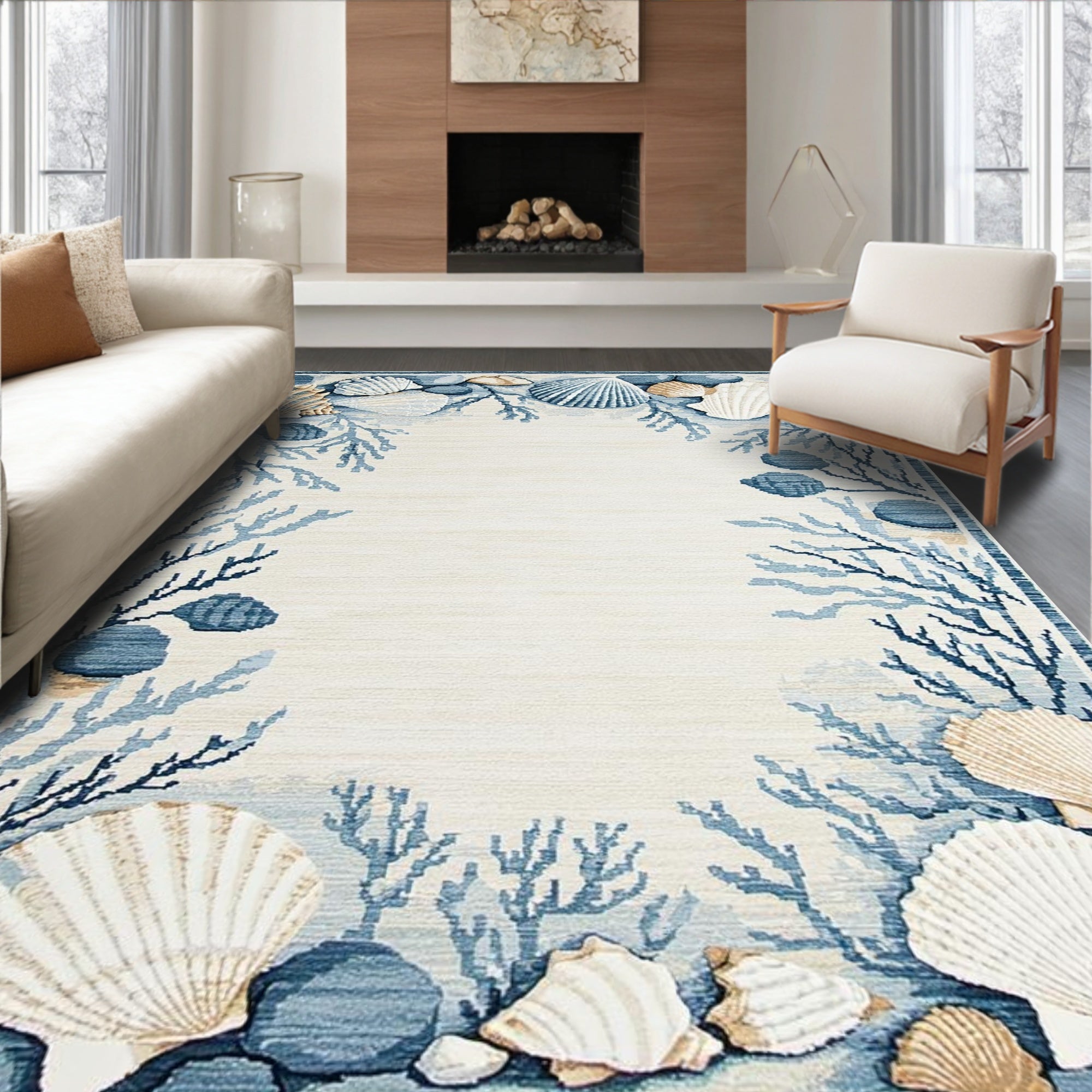 Tranquil Seashell Coral Border Rug(Ivory)