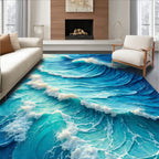 Ocean Blue Wave Print Coastal Rug(Blue)