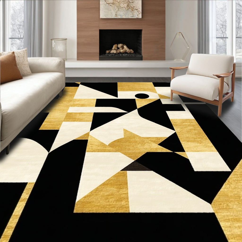 Modern Geometric Black-Gold-White Rug