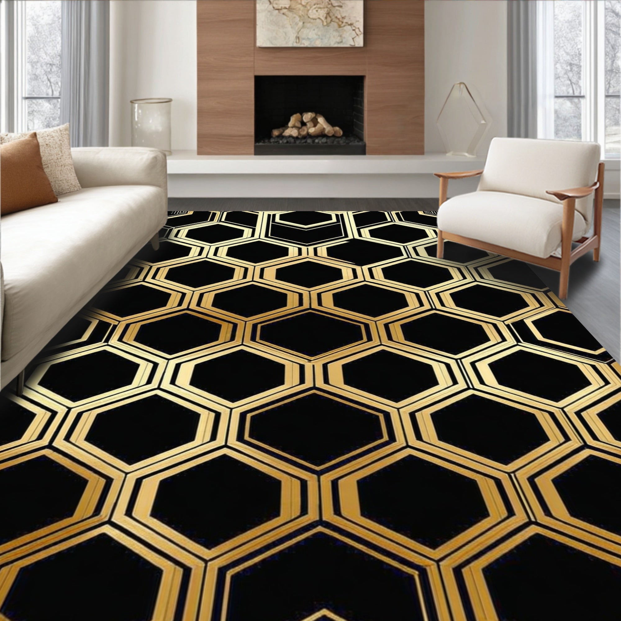 Elegant Black & Gold Hexagonal Rug(Gold)