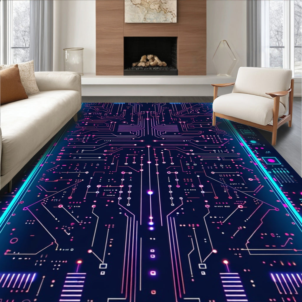 Neon Circuitry Futuristic Low-Pile Rug