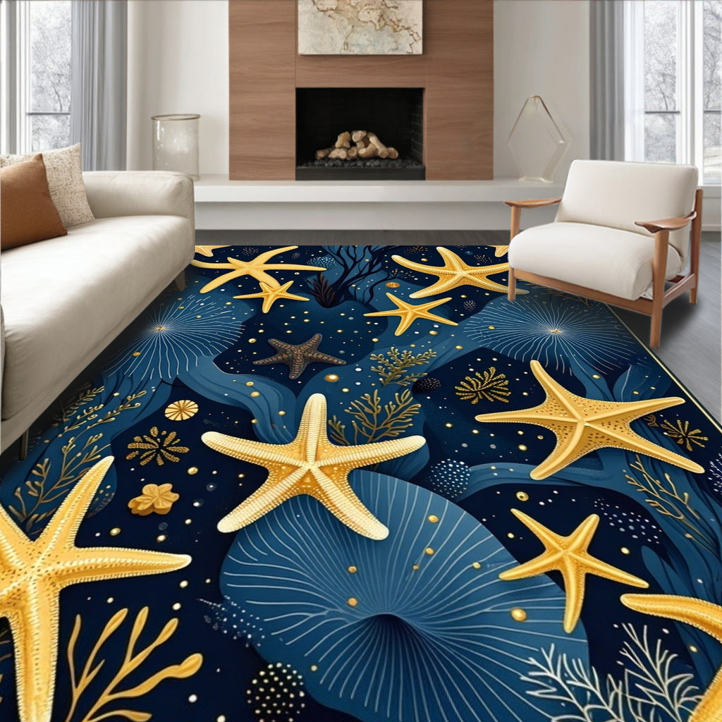 Navy Gold Starfish Serene Ocean Rug(Blue)