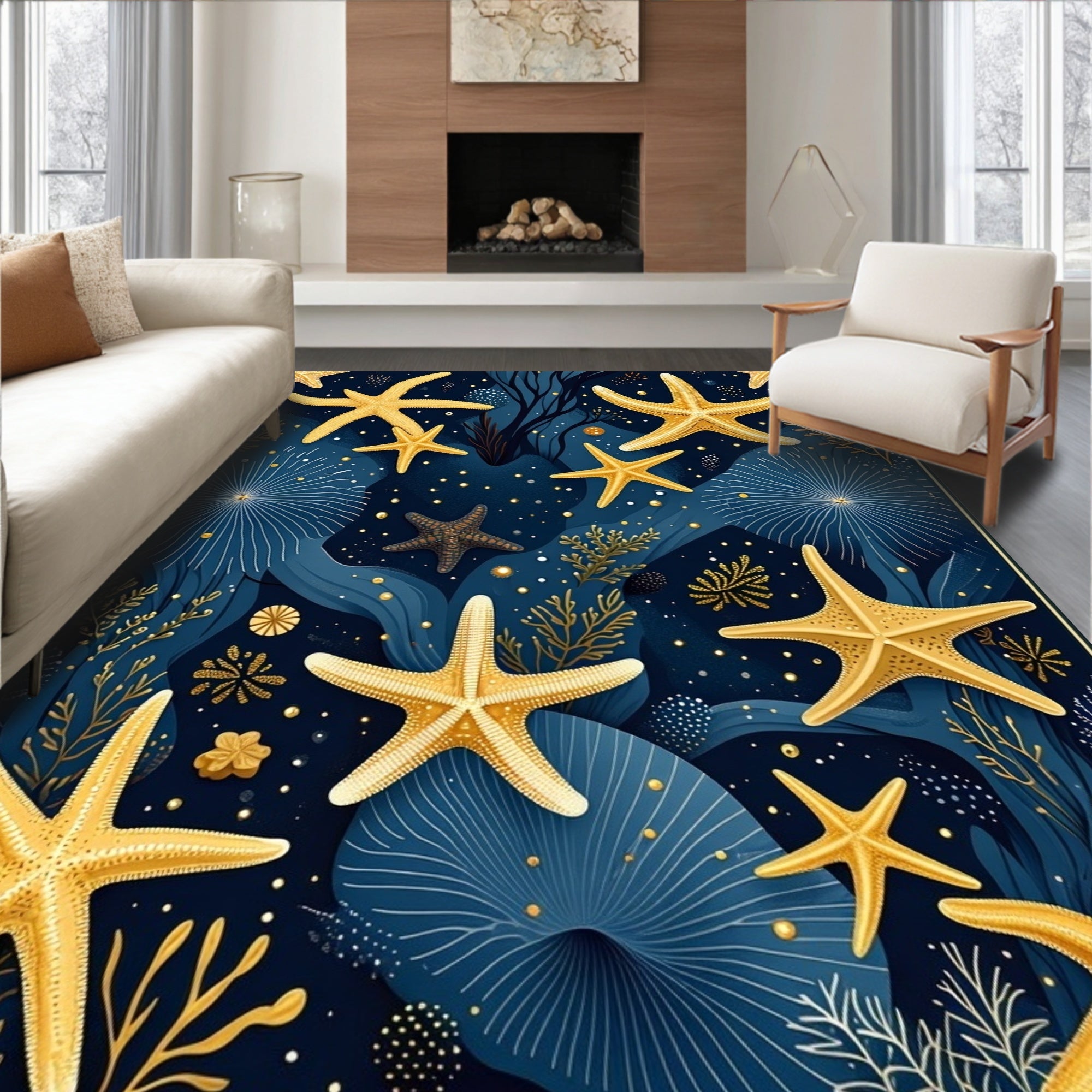 Navy Gold Starfish Serene Ocean Rug(Blue)