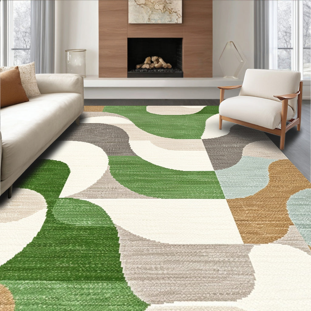 Green Curved Geometric Modern Rug