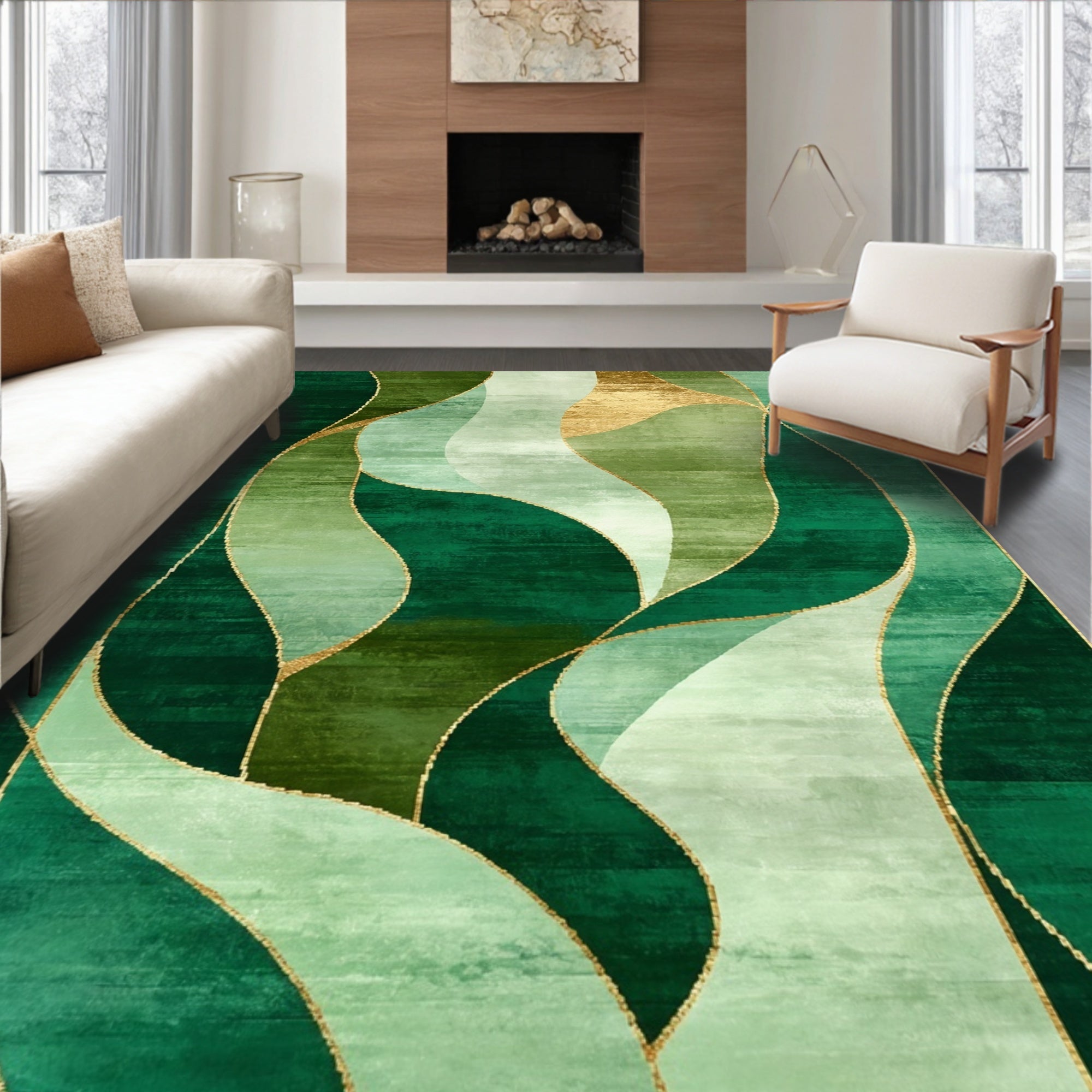 Emerald & Gold Wavy Modern Rug