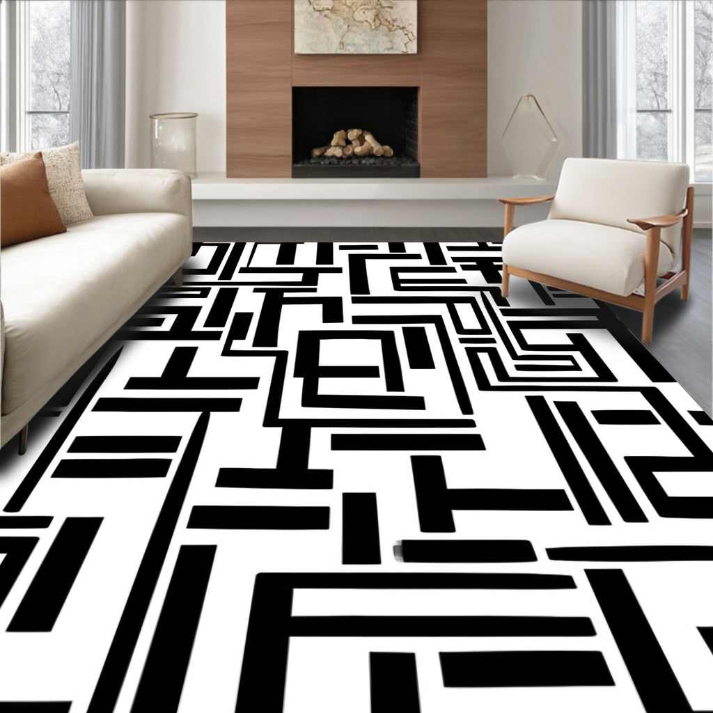 Bold Black White Geometric Maze Rug(Black)