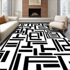 Bold Black White Geometric Maze Rug(Black)