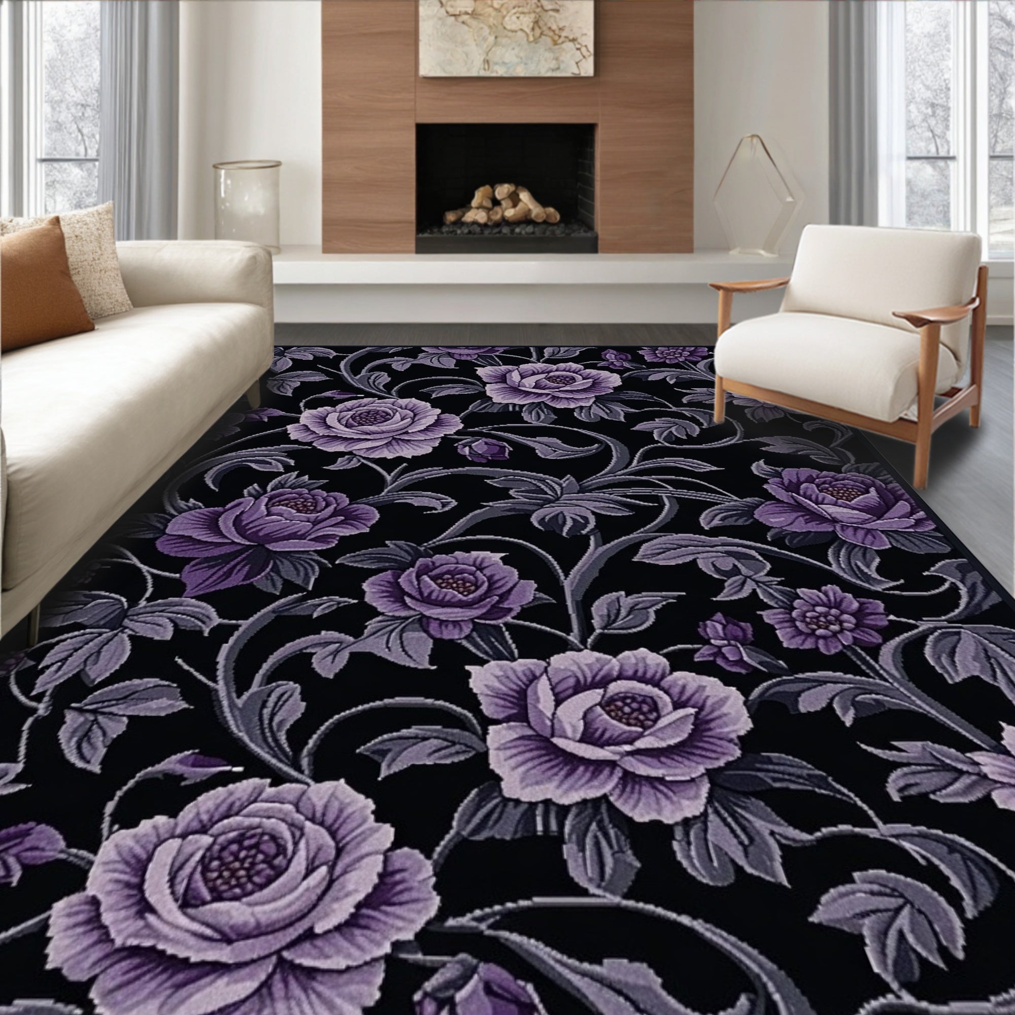 Elegant Purple Floral Vine Rug(Purple)