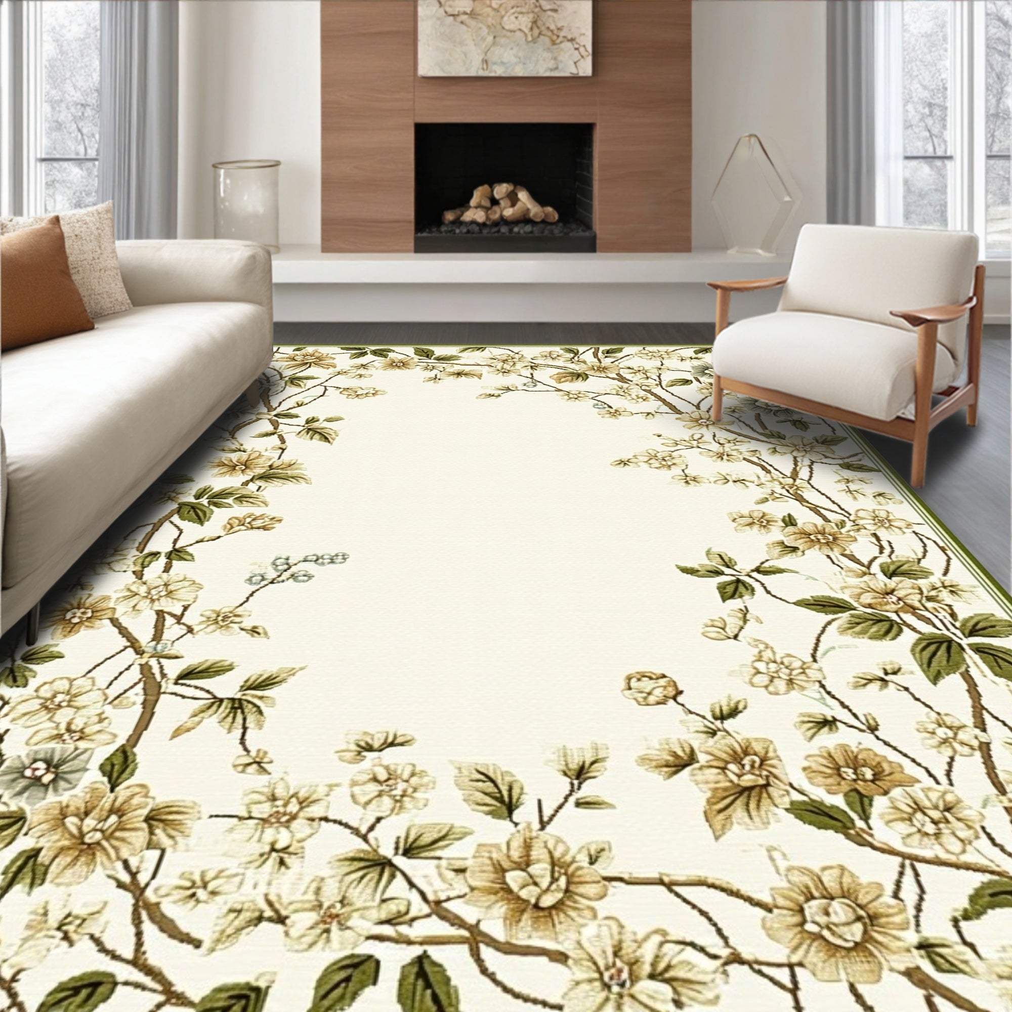 Cream Floral Border Elegant Rug(Beige)