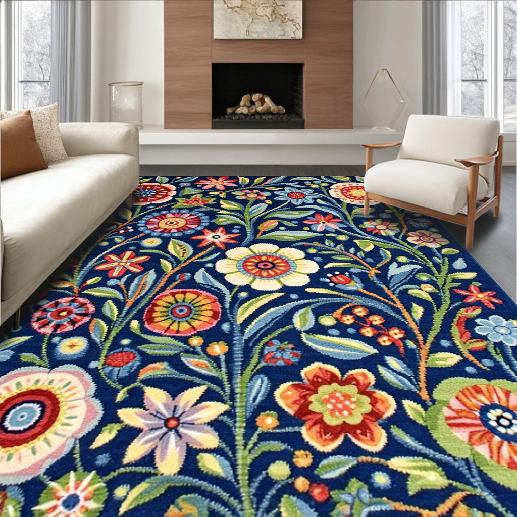 Vibrant Cheerful Navy Floral Rug(Navy)