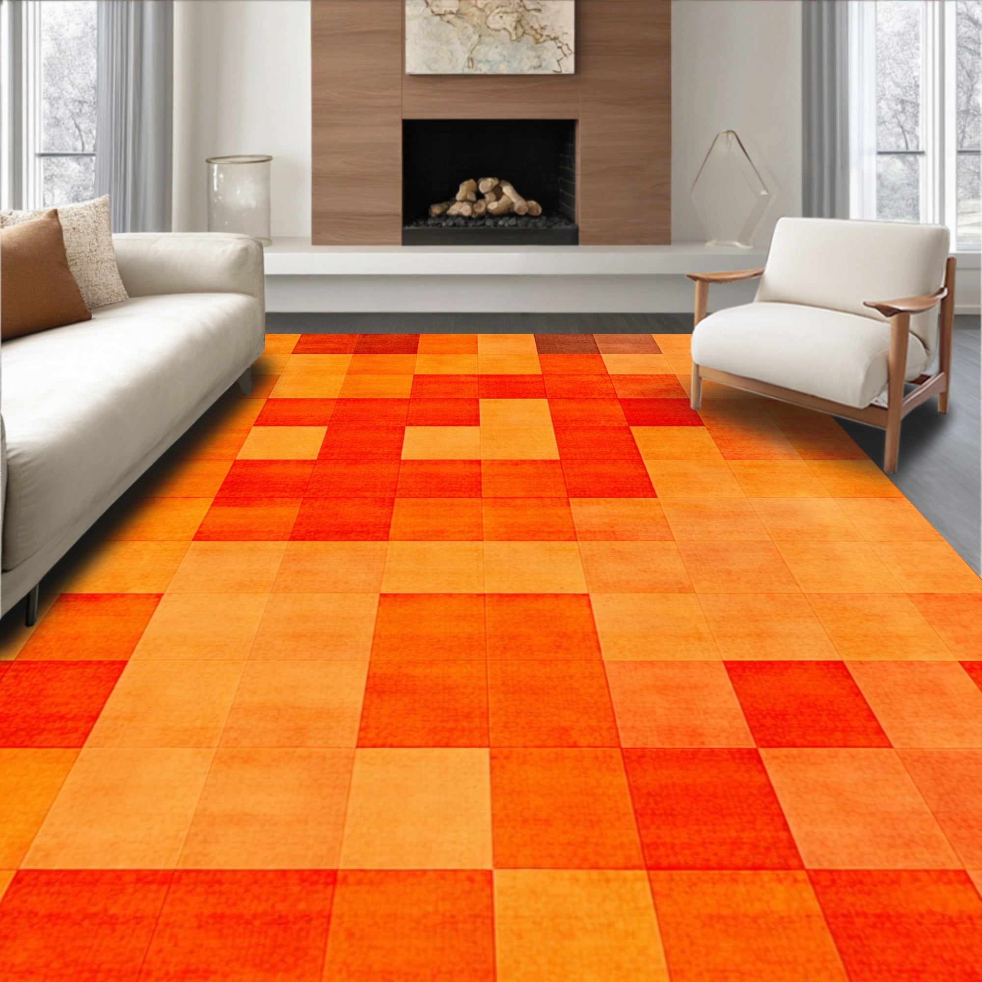 Warm Orange Geometric Squares Rug(Orange)