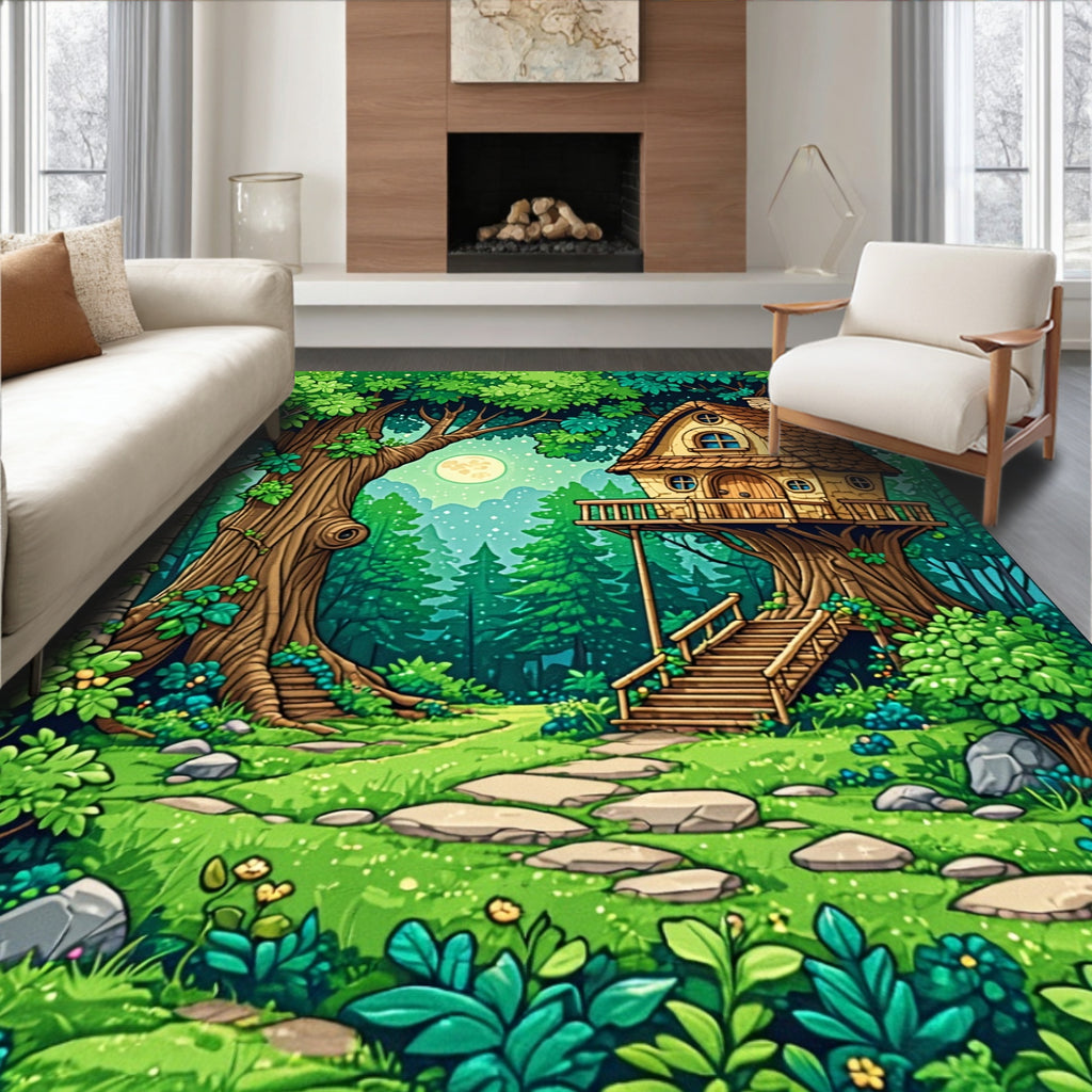 Vibrant Green Enchanted Forest Treehouse Rug(Green)