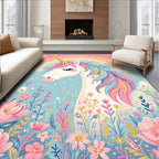 Pastel Unicorn Rainbow Floral Whimsical Rug(Pink)
