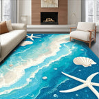 Ocean Blue Coastal Seashell Starfish Rug(Blue)
