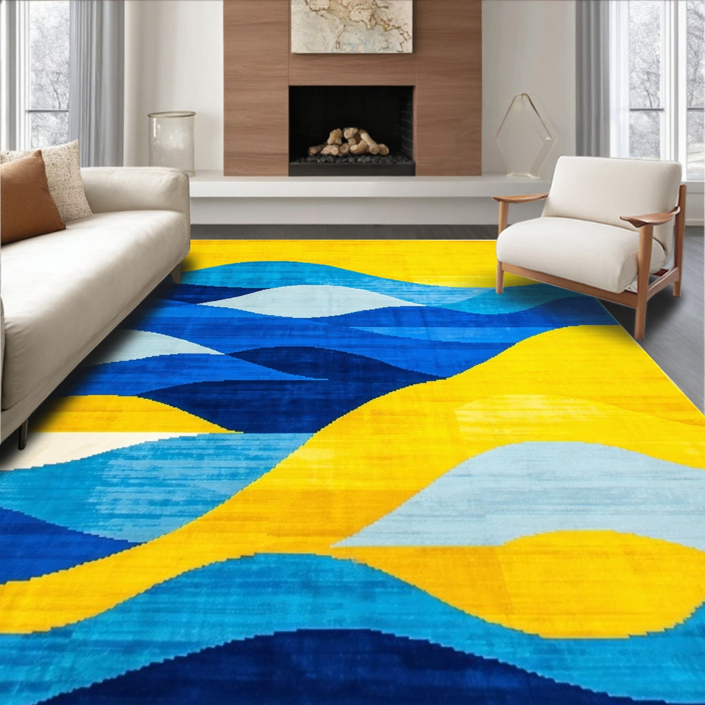 Vibrant Blue Yellow Layered Waves Rug
