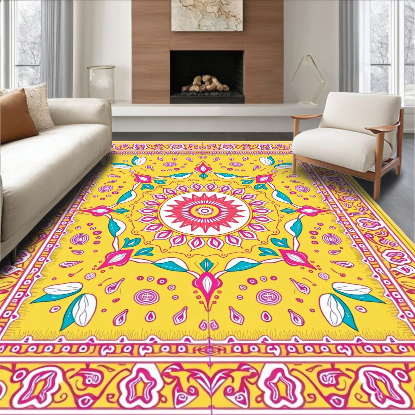 Bright Yellow Ornate Cheerful Rug(Yellow)
