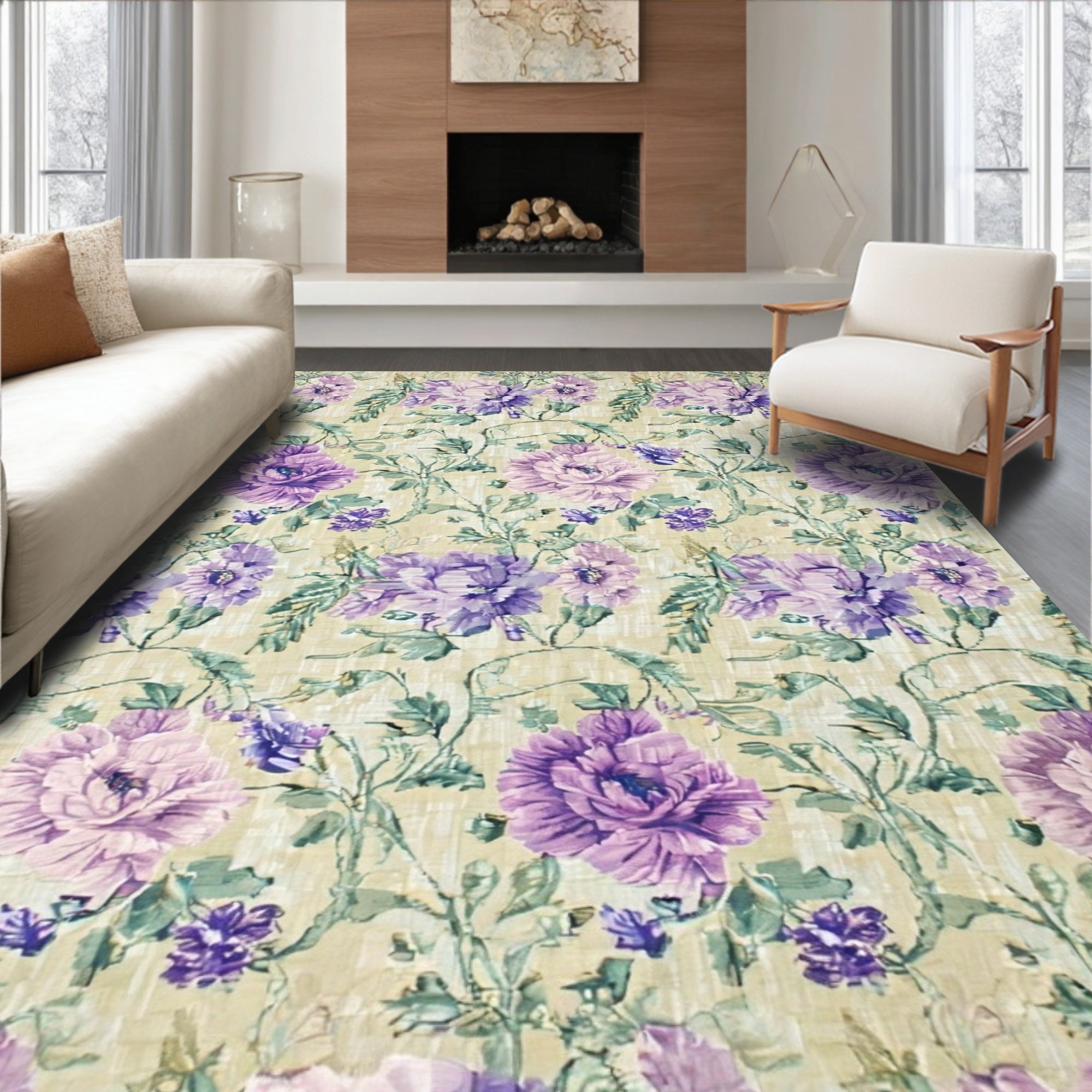 Purple Floral Serene Rug(Beige)