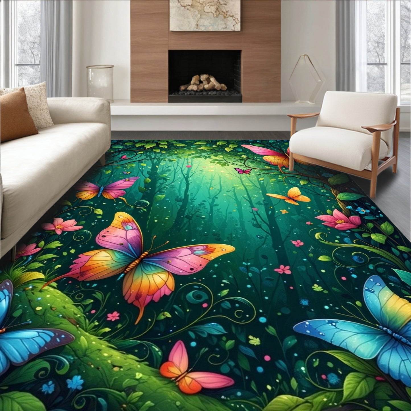 Whimsical Teal Butterfly Forest Rug(Green)