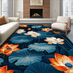 Teal Orange Lotus Floral Serene Rug(Blue)