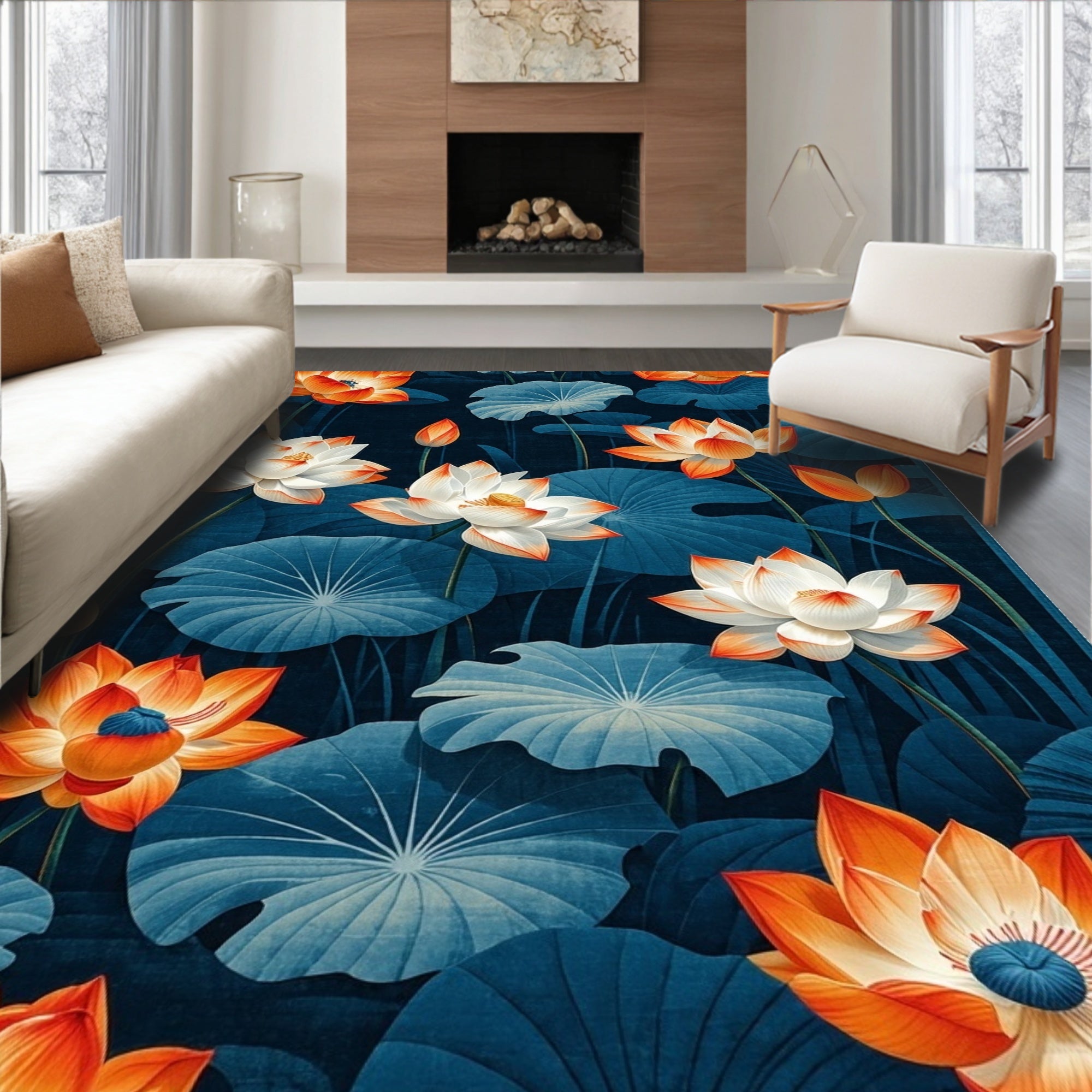 Teal Orange Lotus Floral Serene Rug(Blue)
