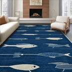 Navy Blue Whimsical Fish Print Rug(Blue)